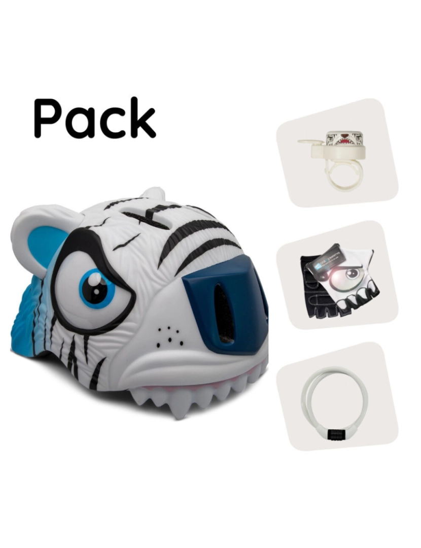 Crazy Safety - Crazy Safety Pack Capacete | Tigre Branco - Capacete, Cadeado, Campainha & Luvas