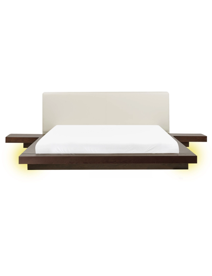 Beliani - Cama de casal LED castanha escura com cabeceira em pele sintética 160 x 200 cm estilo oriental para quartos modernos e contemporâneos