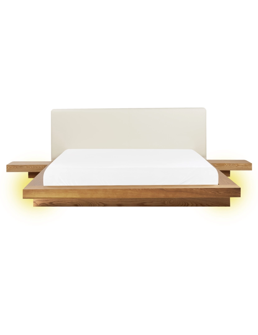 Beliani - Cama de casal LED castanha clara cabeceira em pele sintética branca 160 x 200 cm estilo oriental para quartos modernos e contemporâneos