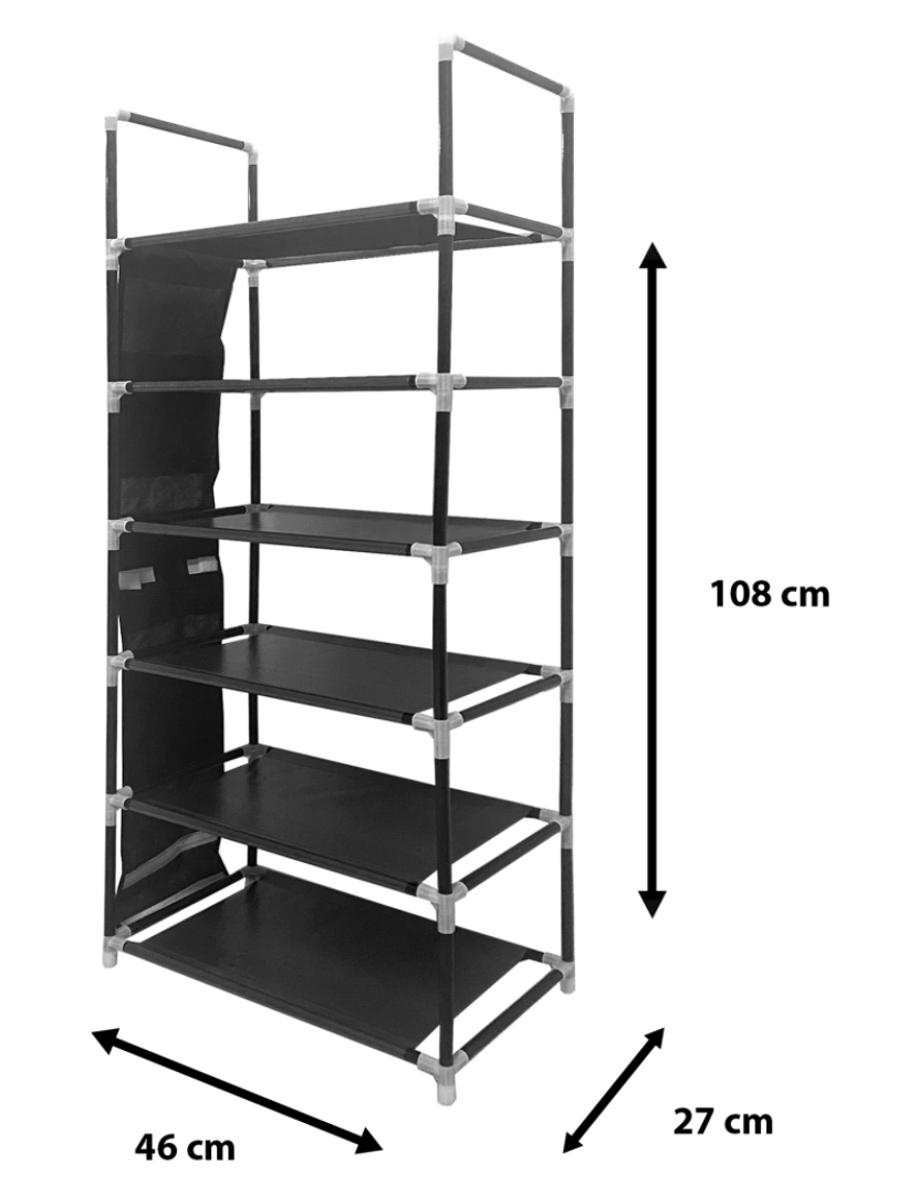 imagem de Sapateira modular de metal Nyana Home até 18 pares 108x46x27cm, 3 bolsos laterais, 6 alturas Preto.5