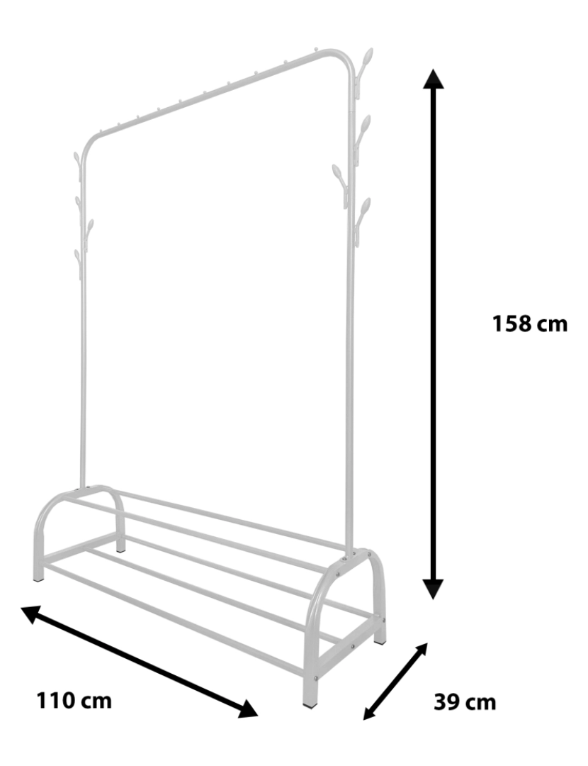 imagem de Donkey Premium Rack 2 Suportes Cabideiro Nyana Home 158x110x39cm, 1 barra suspensa, 8 ganchos laterais, 2 prateleiras inferiores Brancas.5