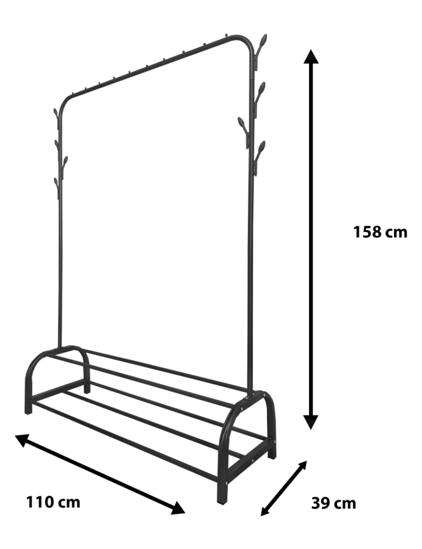 imagem de Donkey Premium Rack 2 Suportes Cabide Nyana Home 158x110x39cm, 1 barra suspensa, 8 ganchos laterais, 2 prateleiras inferiores Preto.5