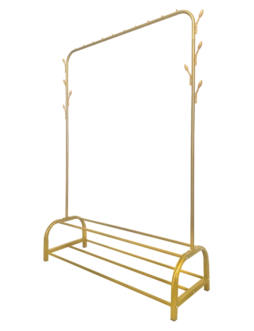 imagem de Donkey Premium Rack 2 Suportes Cabideiro Nyana Home 158x110x39cm, 1 barra suspensa, 8 ganchos laterais, 2 prateleiras inferiores Douradas.3