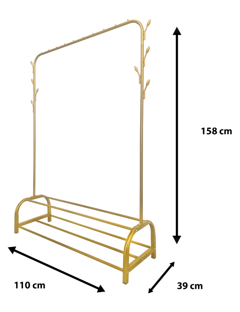 imagem de Donkey Premium Rack 2 Suportes Cabideiro Nyana Home 158x110x39cm, 1 barra suspensa, 8 ganchos laterais, 2 prateleiras inferiores Douradas.4