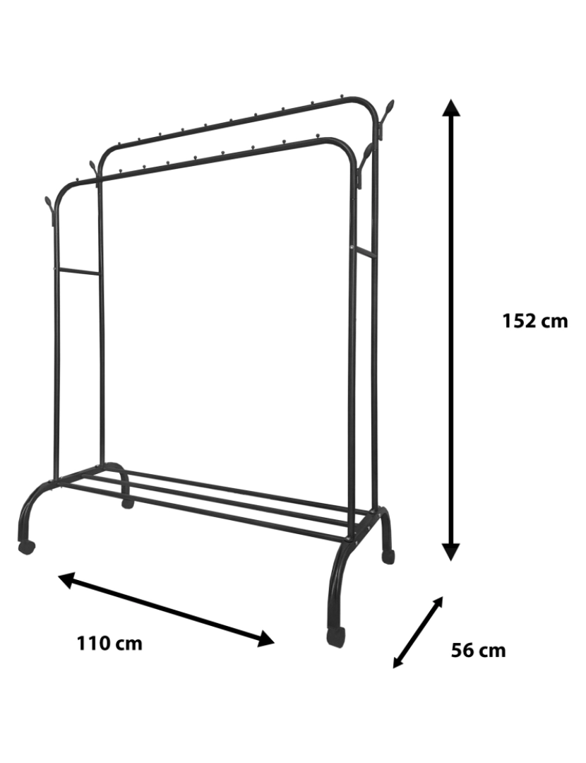 imagem de Donkey Premium Maxi 1 Stand Cabideiro Nyana Home 152x110x56cm, 2 barras suspensas, 4 ganchos laterais, 1 prateleira inferior Preto.5