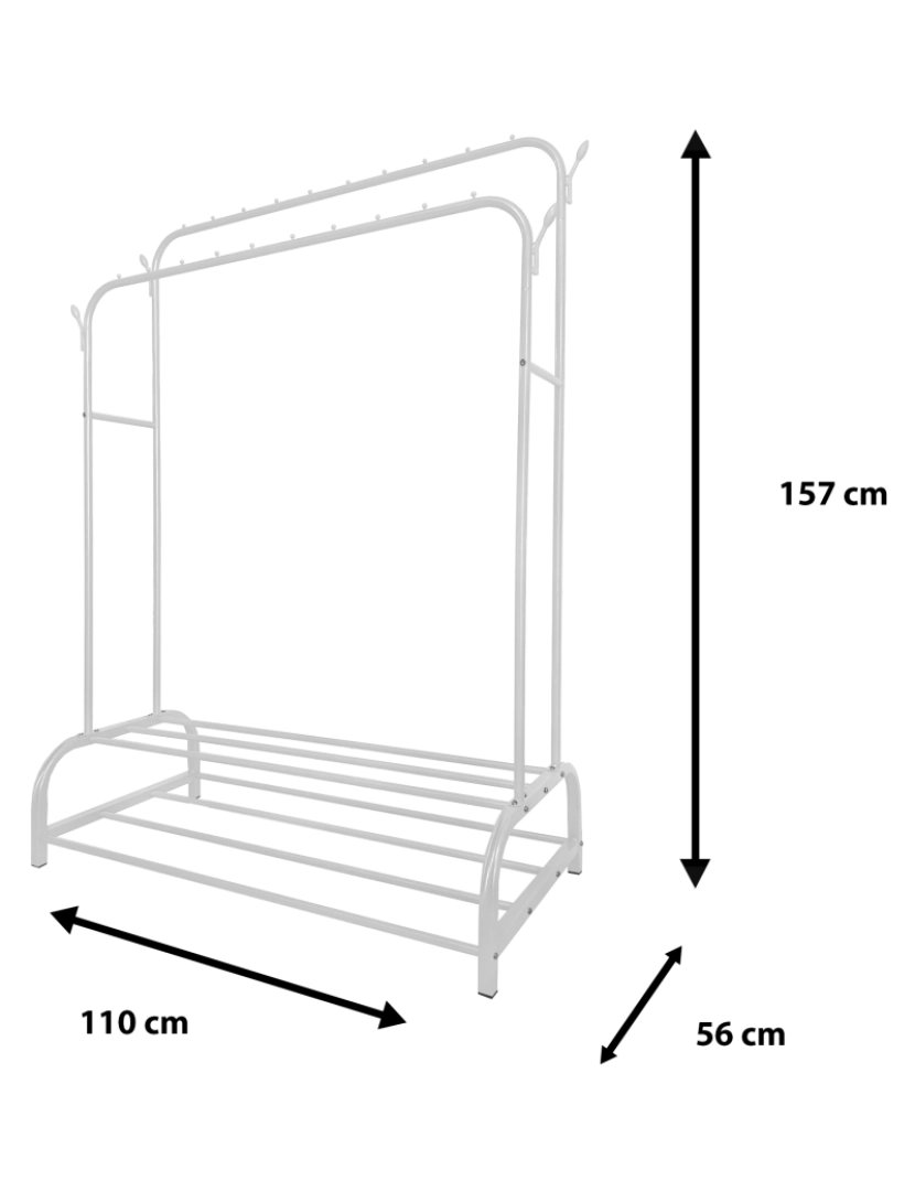 imagem de Cabide Donkey Premium Maxi 2 Stand Nyana Home 157x110x56cm, 2 prateleiras suspensas, 4 ganchos laterais, 2 prateleiras inferiores Brancas.5