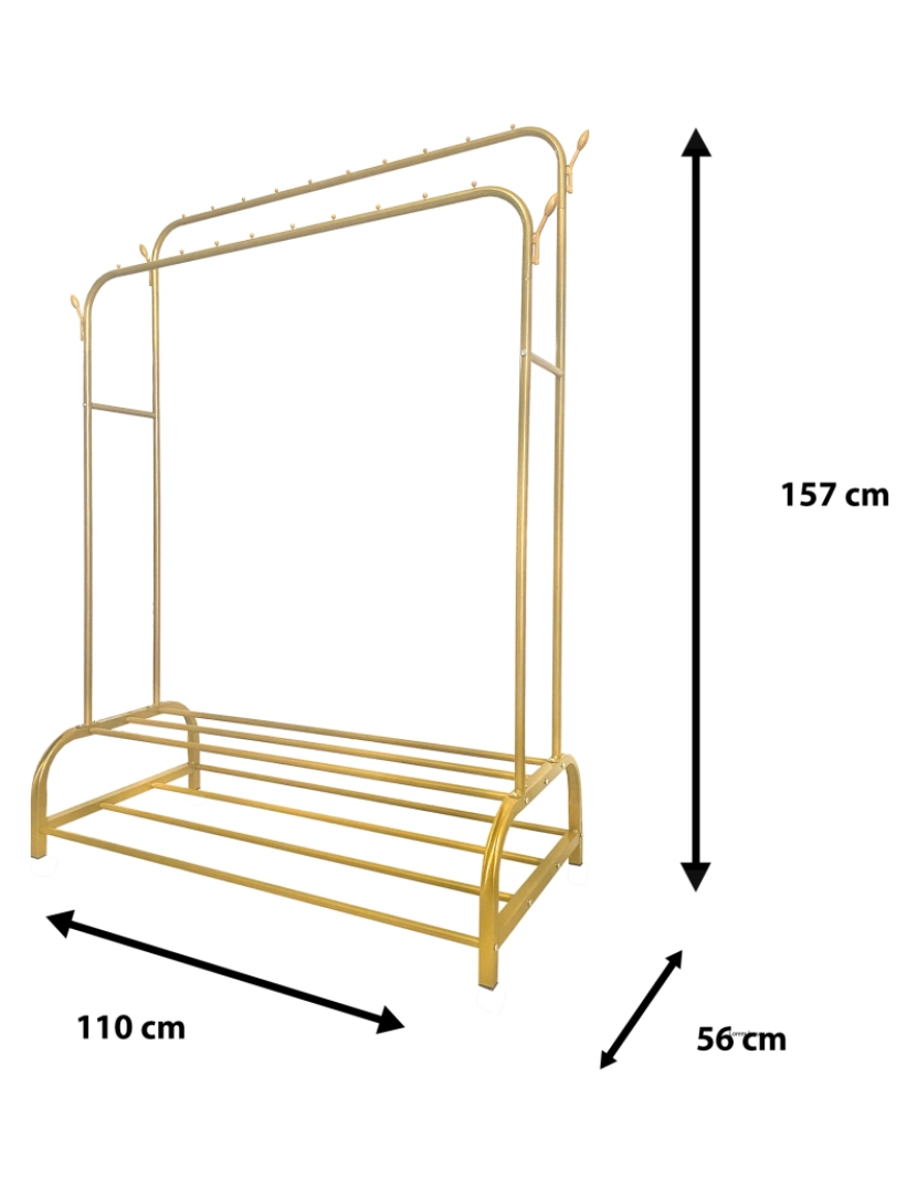 imagem de Cabideiro Donkey Premium Maxi 2 Stand Nyana Home 157x110x56cm, 2 prateleiras suspensas, 4 ganchos laterais, 2 prateleiras inferiores Douradas.5