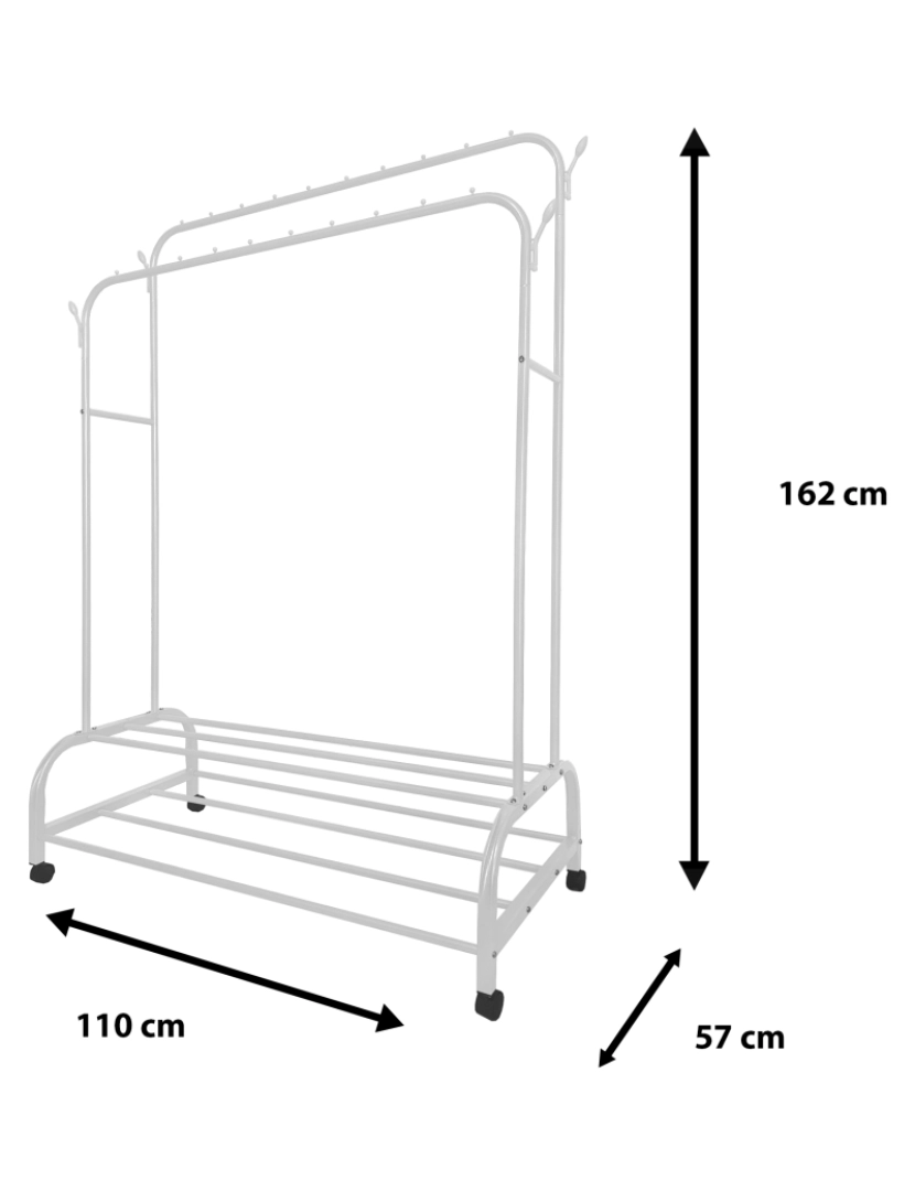 imagem de Cabide Donkey Premium Maxi Giro 2 Stand Nyana Home 162x110x57cm, 2 barras suspensas, 4 ganchos laterais, 2 prateleiras inferiores Brancas.5