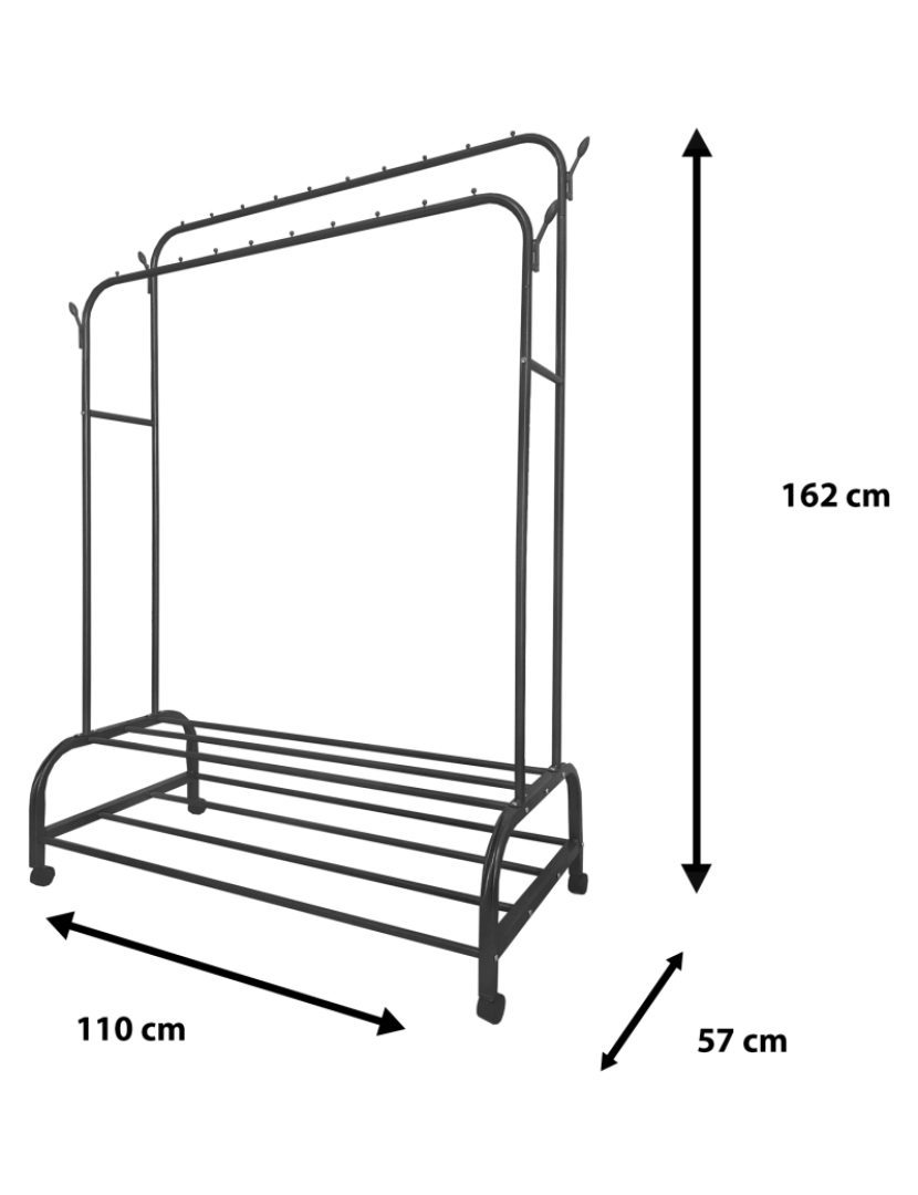 imagem de Cabide Donkey Premium Maxi Giro 2 Stand Nyana Home 162x110x57cm, 2 barras suspensas, 4 ganchos laterais, 2 prateleiras inferiores Preto.5