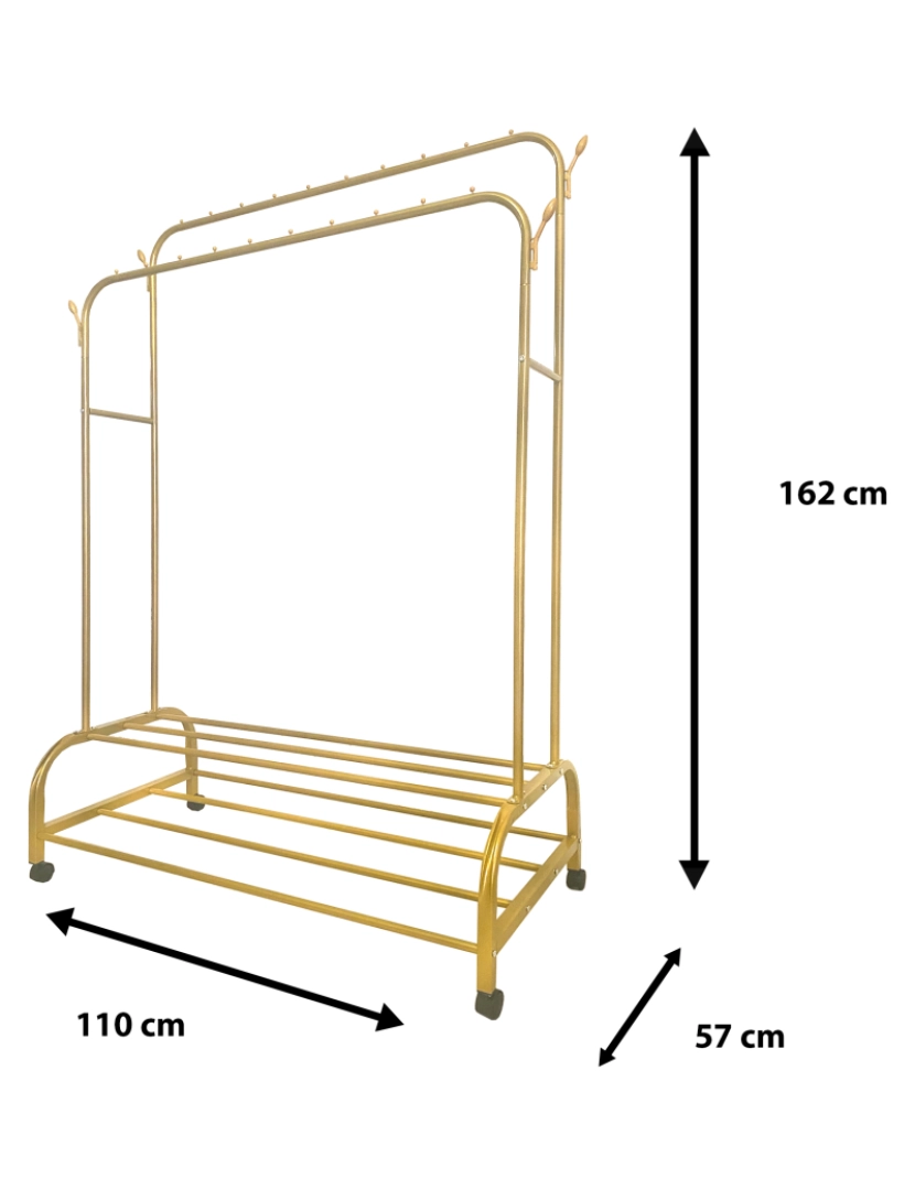 imagem de Cabide Donkey Premium Maxi Giro 2 Stand Nyana Home 162x110x57cm, 2 barras suspensas, 4 ganchos laterais, 2 prateleiras inferiores Douradas.5