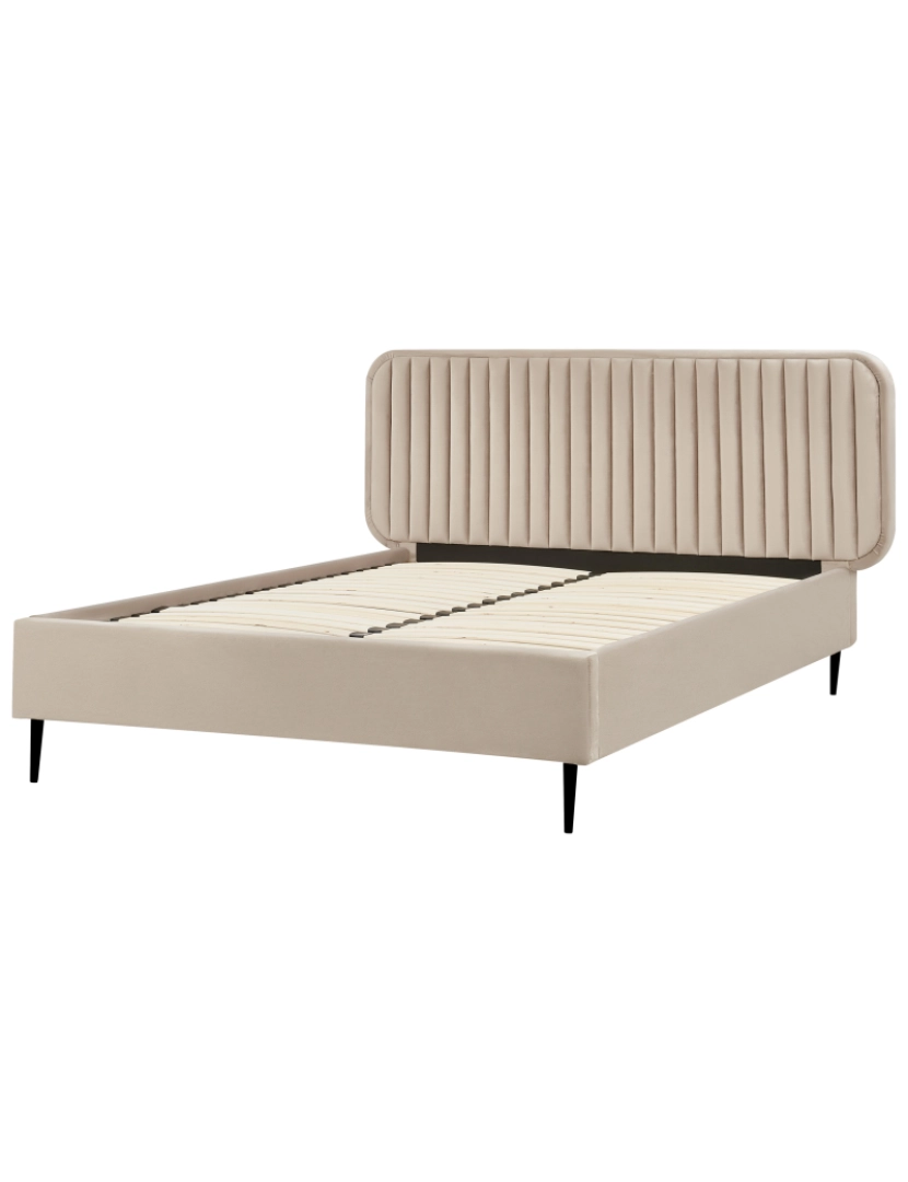 imagem de Cama de casal estofada em veludo taupe 140x200 com cabeceira e pernas metálicas design moderno para quarto4