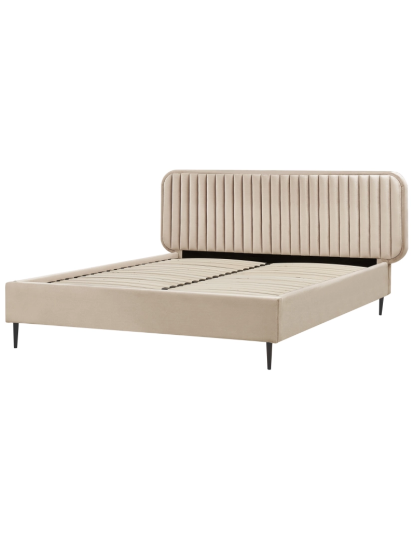 imagem de Cama de casal estofada em veludo taupe 160x200 com cabeceira e pernas metálicas design moderno para quarto4