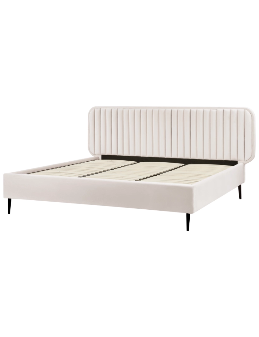 imagem de Cama de casal estofada em veludo creme 180x200 com cabeceira e pernas metálicas design moderno para quarto4