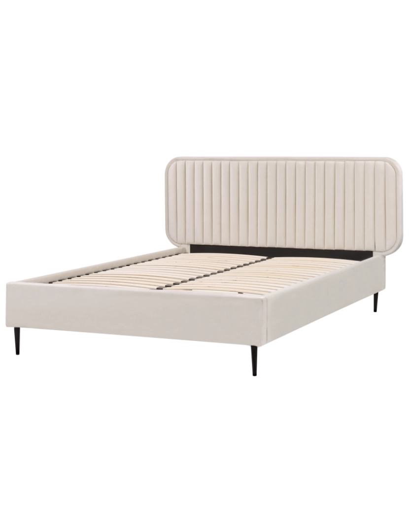 imagem de Cama de casal estofada em veludo creme 140x200 com cabeceira e pernas metálicas design moderno para quarto4