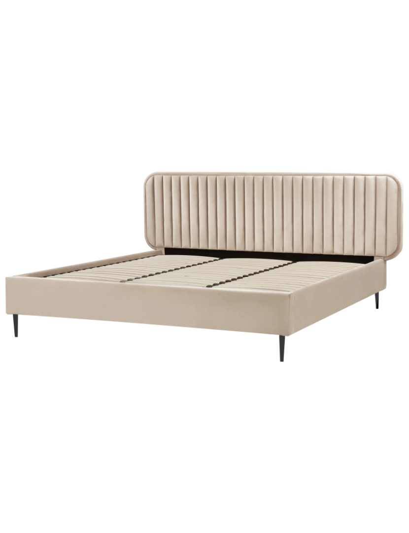 imagem de Cama de casal estofada em veludo taupe 180x200 com cabeceira e pernas metálicas design moderno para quarto4