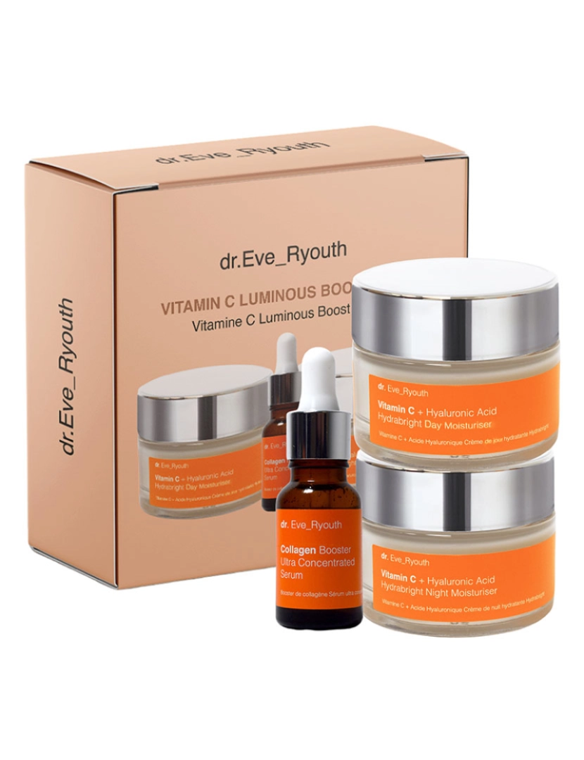 Dr. Eve Ryouth - CONJUNTO DIA E NOITE (Vitamina C + Ácido Hialurônico Hidratante de Dia Hydrabright 50ml +Vitamina C + Ácido Hialurônico Hidratante de Noite Hydrabright 50ml+ Sérum Ultra Concentrado Booster de Colágeno 15ml)