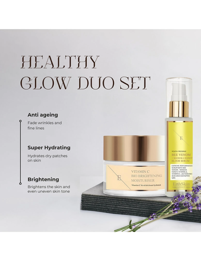 Erth Skin London - Hidratante Bio Brightening Vitamina C 50ml + Veneno de Abelha + Soro Elixir de Mel Manuka 60ml