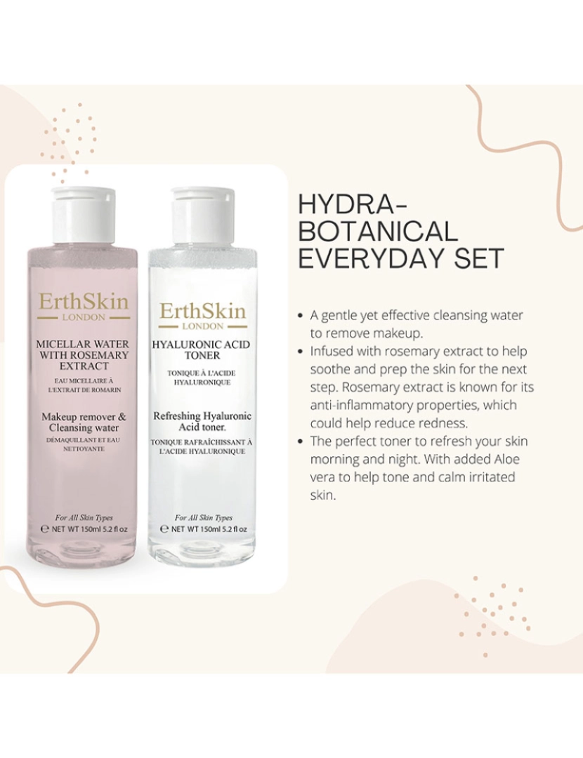 Erth Skin London - Tônico Refrescante de Ácido Hialurônico 150ml + Água Micelar com Extrato de Alecrim 150ml