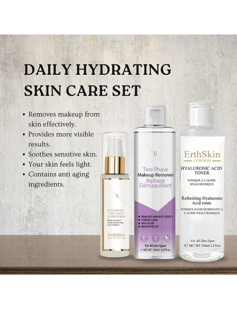 Erth Skin London - Desmaquilhante bifásico 150 ml + Toner Ácido Hialurônico Refrescante 150ml + Ácido Hialurônico e Soro de Colágeno - 60ml