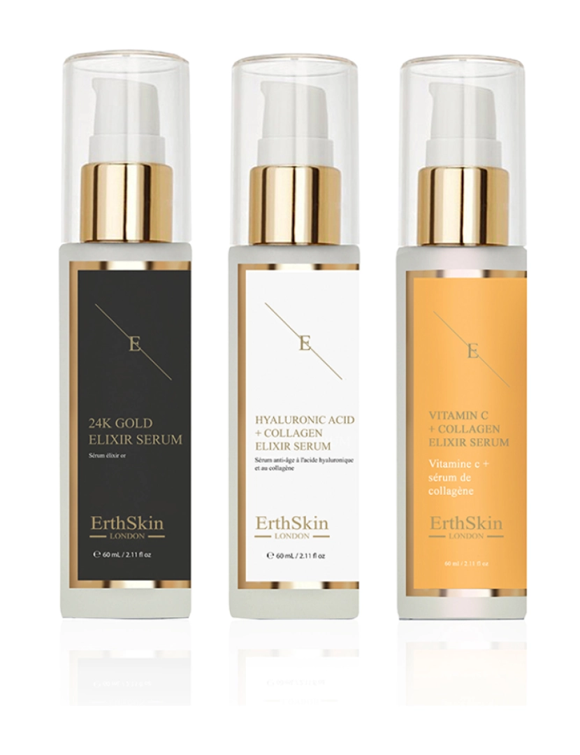 Erth Skin London - Vitamina C + Sérum Elixir de Colágeno 60ml + Ácido Hialurônico e Sérum de Colágeno - 60ml + Sérum Elixir Antirrugas Ouro 24k - 60ml