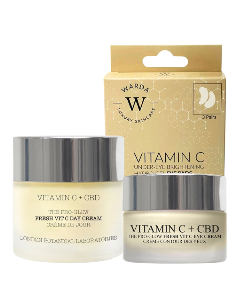 London Botanical Laboratories - Vitamina c + CBD | Creme de Dia The Pro-Glow Fresh Vit C 50ml + Vitamina C + Soro CBD 30ml + Vitamina C + Creme para os olhos CBD 15ml + Almofadas para os olhos Hydro-Gel de Vitamina C X 3