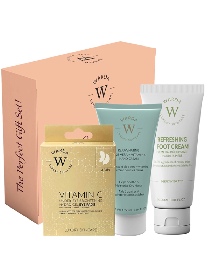 Warda Skincare - VITAMINA C HIDRO GEL ILUMINADOR SOB OLHOS x 3 + Aloe Vera Rejuvenescedor + Creme para as Mãos Vitamina C 50ml + Creme Refrescante para os Pés 100ml