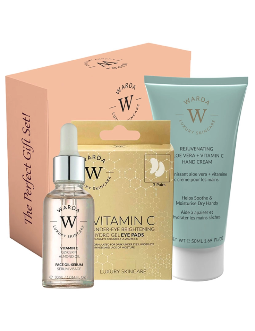 Warda Skincare - VITAMINA C GLOW BOOST OIL-SERUM 30ml + Warda - VITAMINA C HYDRO GEL ILUMINADOR SOB OLHOS x 3 + Aloe Vera Rejuvenescedor + Creme para as Mãos Vitamina C 50ml