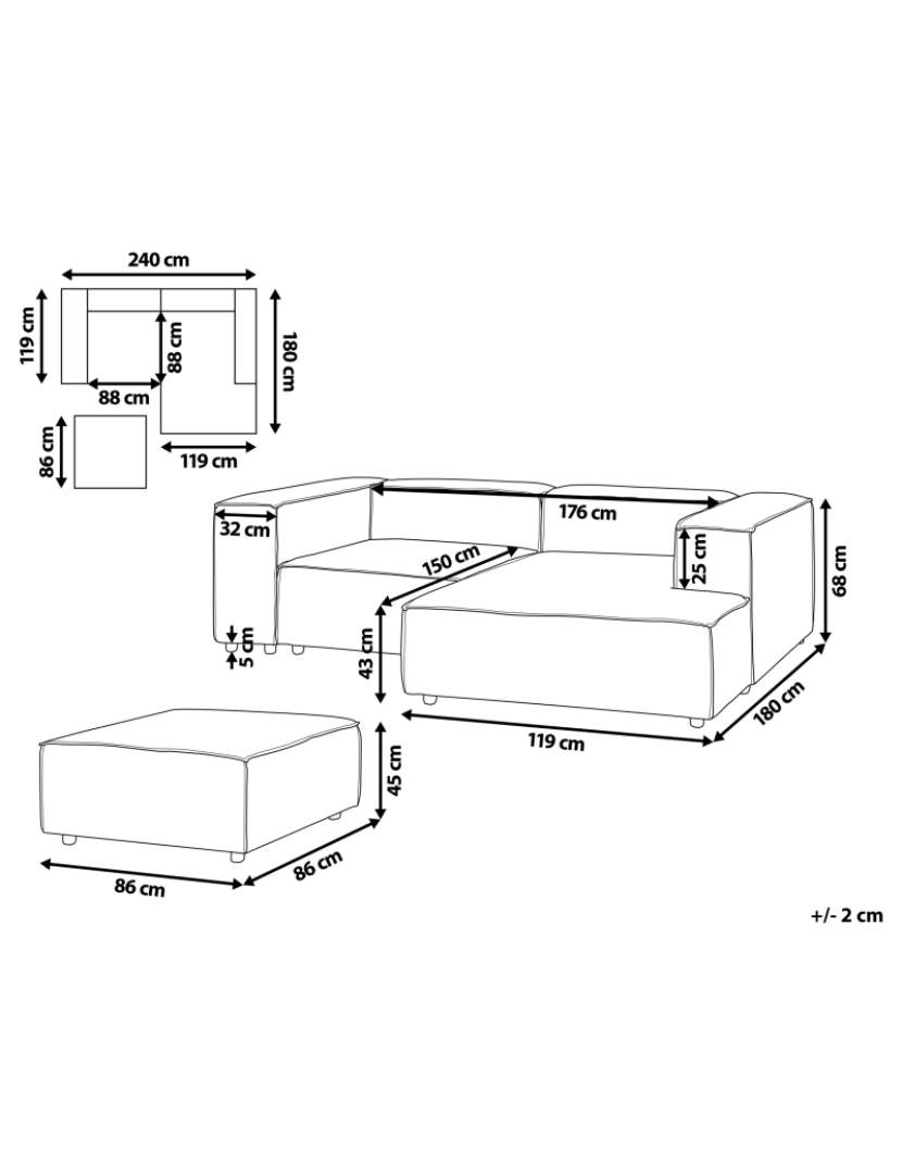 imagem de Sofá de canto modular 2 lugares com chaise à esquerda repousa-pés em bombazine taupe com pernas pretas estilo moderno para sala de estar2