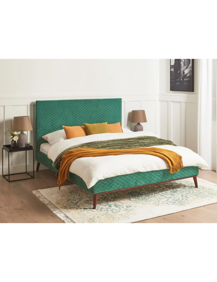 imagem de Cama estofada em veludo verde escuro 180 x 200 cm com cabeceira estofada em favos de mel para quartos elegantes e moderno3