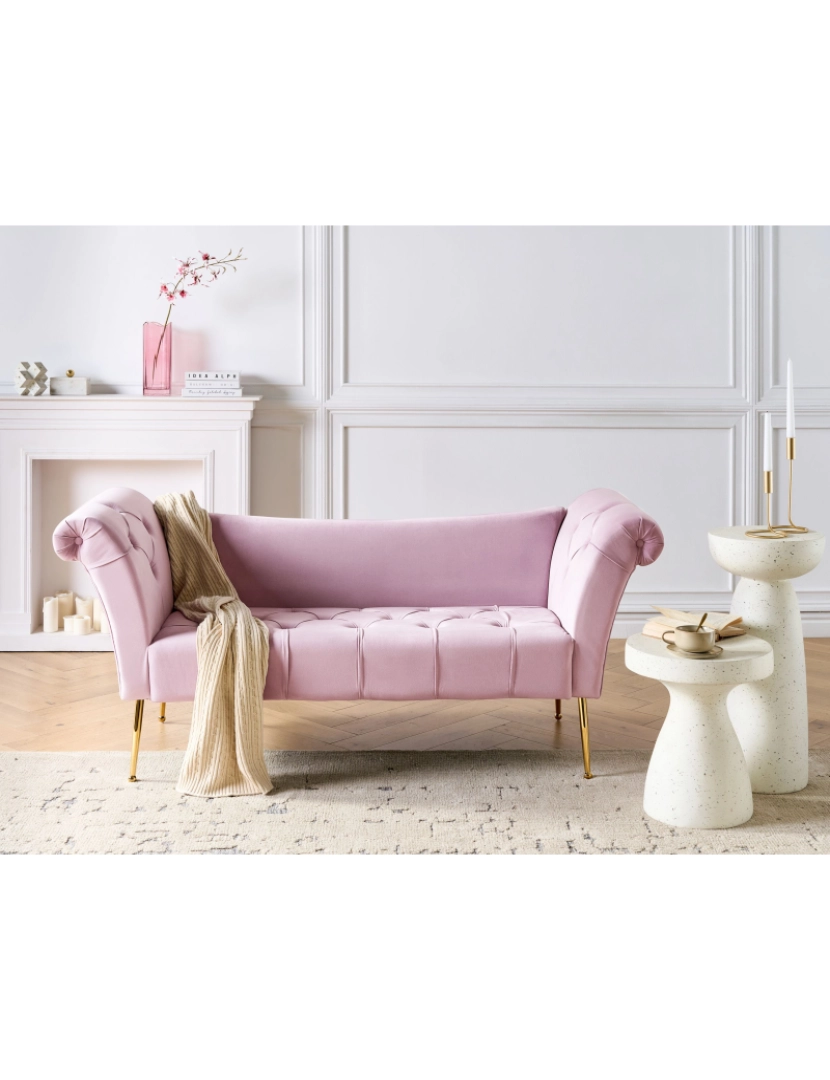 imagem de Chaise-longue estofada em tecido de veludo violeta claro, assento acolchoado e pernas de metal dourado3