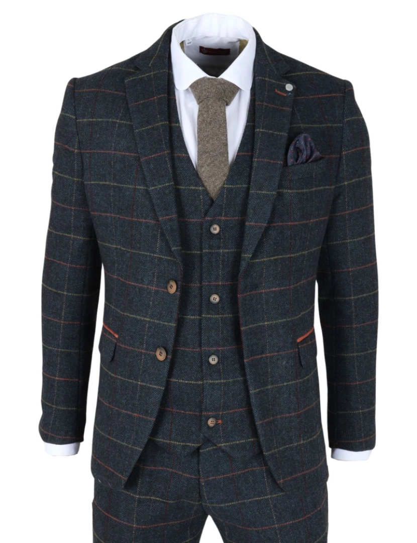 James Darby - Archer 3 peça verificada Herringbone Tweed Tailored Fit Formal Suit