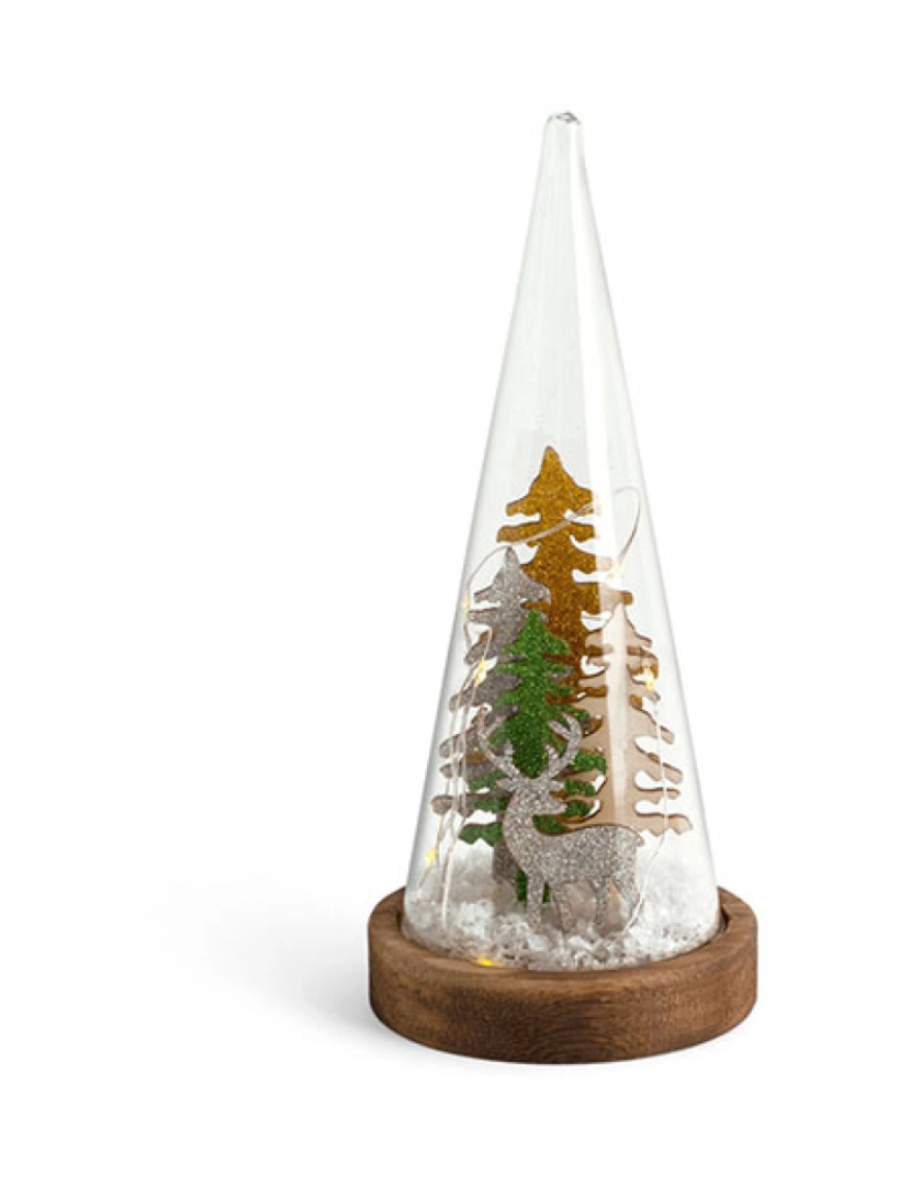 coseAcasa - Cone de vidro de Natal com LEDs em base de madeira H22,5cm