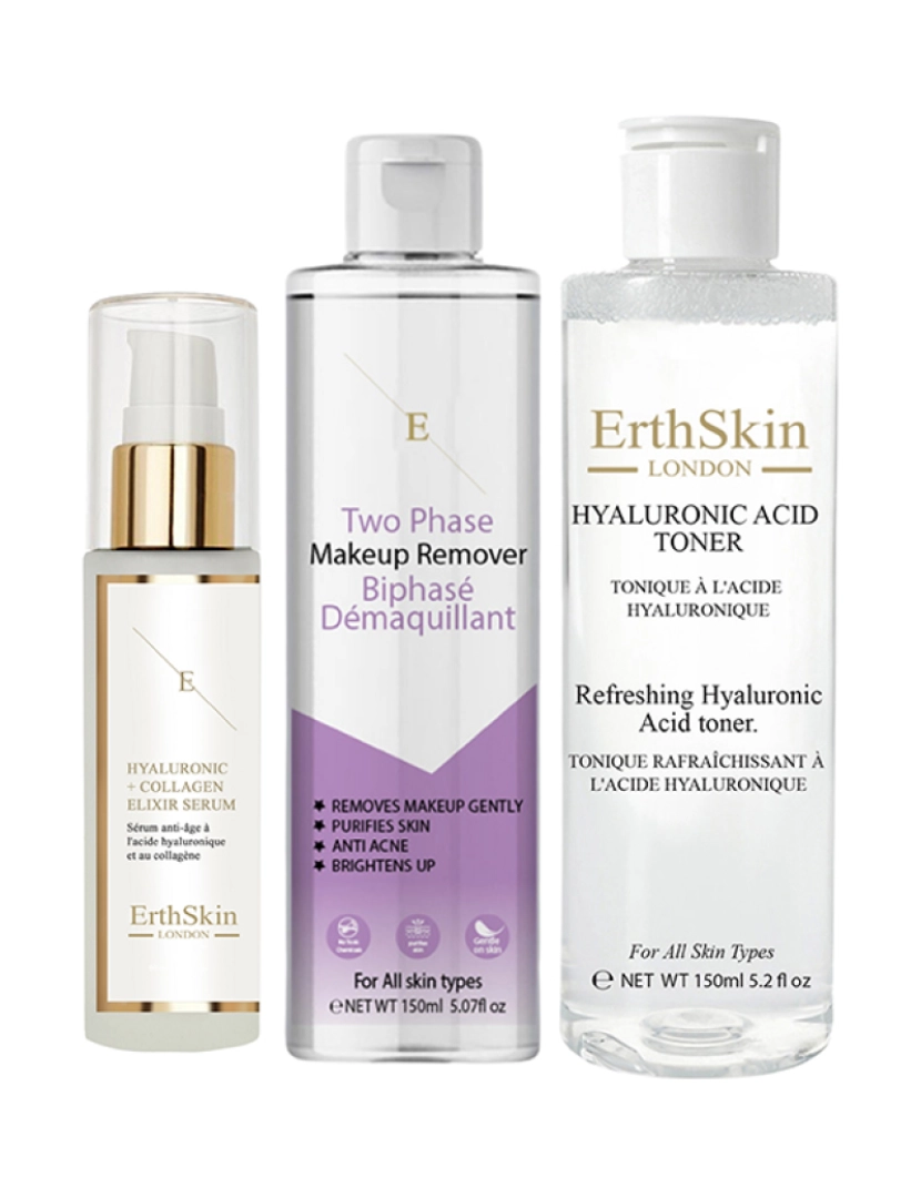 Erth Skin London - Desmaquilhante bifásico 150 ml + Toner Ácido Hialurônico Refrescante 150ml + Ácido Hialurônico e Soro de Colágeno - 60ml