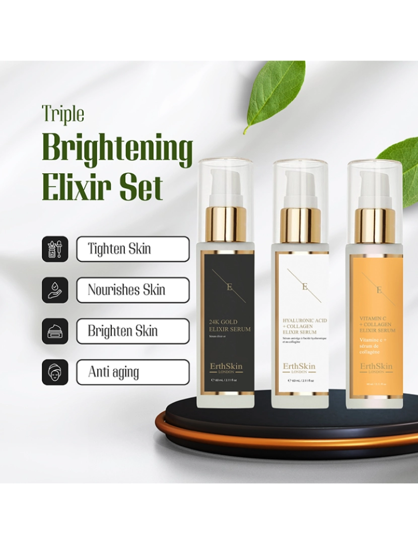 Erth Skin London - Vitamina C + Sérum Elixir de Colágeno 60ml + Ácido Hialurônico e Sérum de Colágeno - 60ml + Sérum Elixir Antirrugas Ouro 24k - 60ml