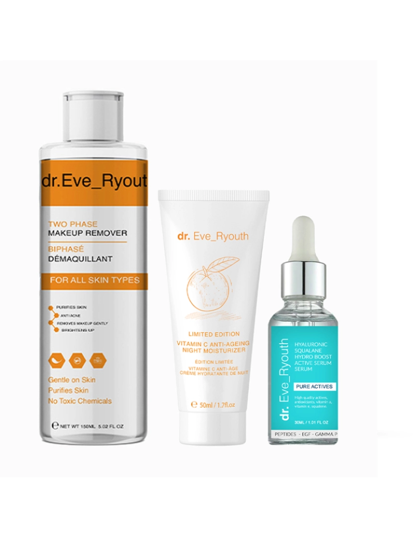 Dr. Eve Ryouth - Hidratante Noturno Vitamina C (Edição Limitada) + Ácido Hialurônico Squalane Hydro Boost sérum ativo 30ml + Água Micelar Refrescante e Hidratante 2 em 1 150ML