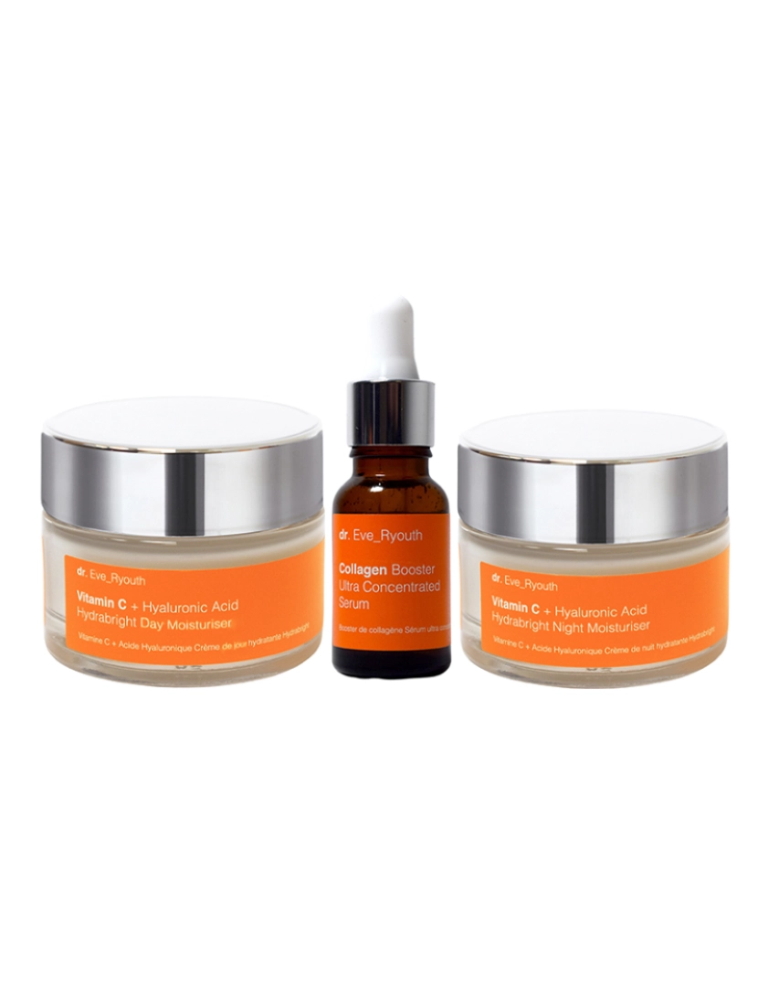 Dr. Eve Ryouth - CONJUNTO DIA E NOITE (Vitamina C + Ácido Hialurônico Hidratante de Dia Hydrabright 50ml +Vitamina C + Ácido Hialurônico Hidratante de Noite Hydrabright 50ml+ Sérum Ultra Concentrado Booster de Colágeno 15ml)