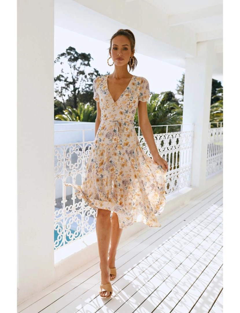 Kaimilan & Co - Vestido Midi Senhora Estampado Bege E Floral