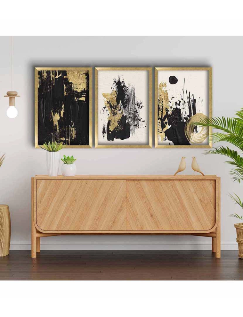 ASR - Conjunto 3 Quadros MDF Abstract Black/Gold