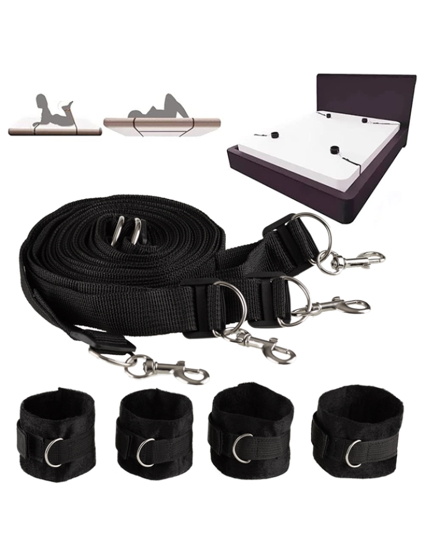 Hugbox - Kit de fixação da cama - Kit Bondage - Conjunto SM - 4 Algemas e 4 Correias - Preto