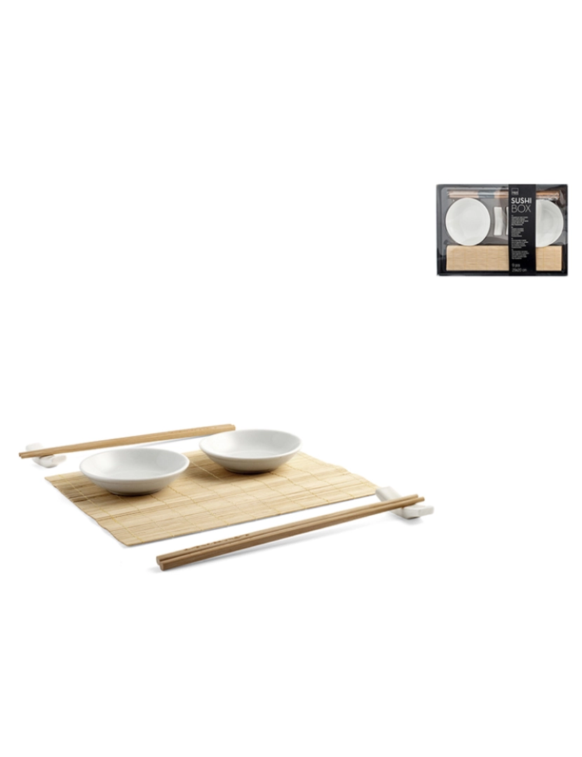 coseAcasa - Conjunto Caixa de Sushi 9 Peças em Bambu e Porcelana Cm21X25