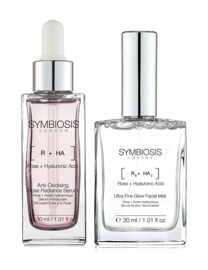 Symbiosis London - PACOTE Ultimate Glow Upgrade Mais vendidos (2 unidades): [Rosa + ácido hialurônico] Névoa facial ultrafina com brilho + [Ácido hialurônico + rosa] - Soro anti-oxidante Rose Radiance