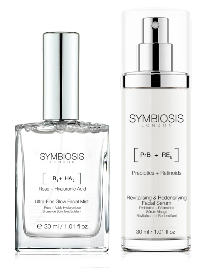 Symbiosis London - PACOTE Ultimate Glow Upgrade Mais vendidos (2 unidades): [Rosa + ácido hialurônico] Névoa facial ultrafina com brilho + [Ácido hialurônico + rosa] - Soro anti-oxidante Rose Radiance