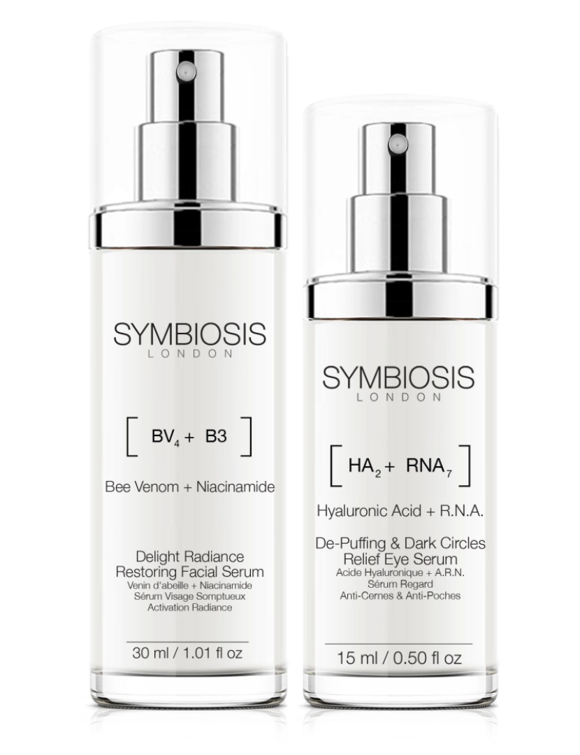 Symbiosis London - PACOTE Ultimate Glow Boost Mais Vendidos (2 unidades): [Ácido Hialurônico + R.N.A.] - Soro para Olhos Anti-Puffing e Alívio de Olheiras + [Ácido Hialurônico + Rosa] - Soro Anti-Oxidante Rose Radiance