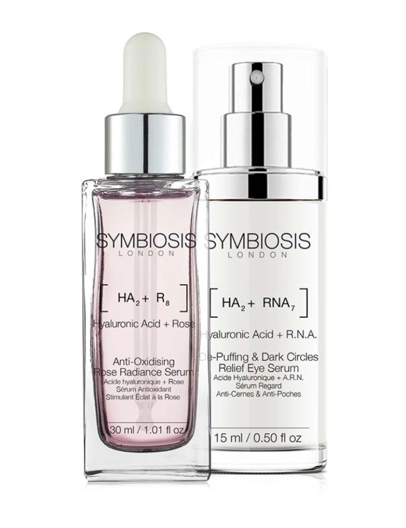 Symbiosis London - PACOTE Ultimate Glow Boost Mais Vendidos (2 unidades): [Ácido Hialurônico + R.N.A.] - Soro para Olhos Anti-Puffing e Alívio de Olheiras + [Ácido Hialurônico + Rosa] - Soro Anti-Oxidante Rose Radiance