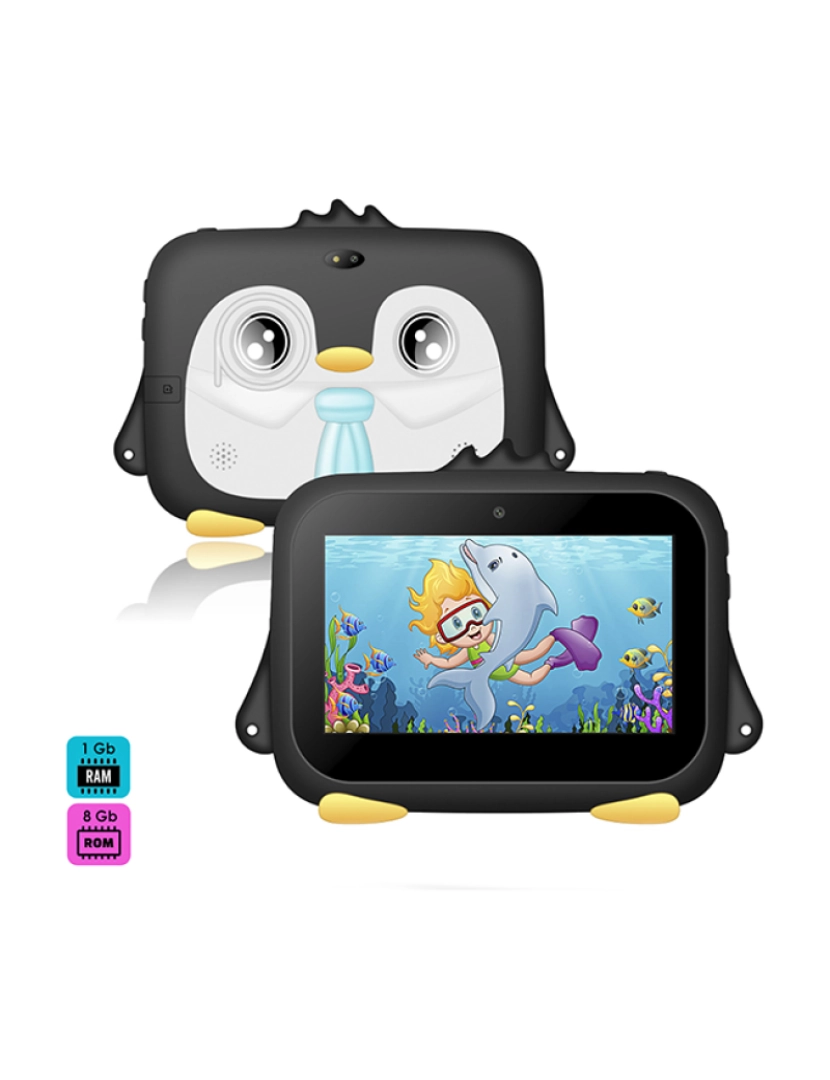 DAM - Tablet infantil K716 WiFi. Sistema operacional Android 7.0. Tela 7'' 1024x600px. MTK 8321 Quad Core 1,3 GHz, 1 GB de RAM + 8 GB. Câmara dupla.