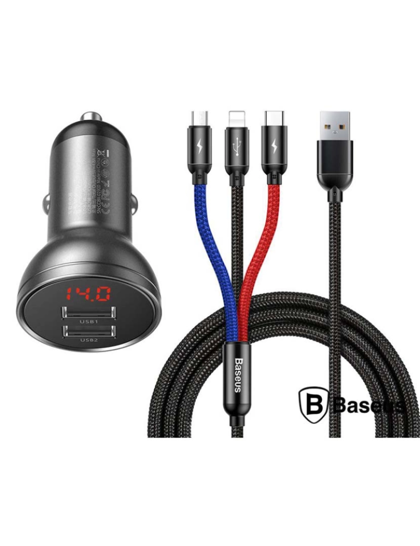 Baseus - Adaptador Isqueiro 2 USB-A 5V 4.8A C/ Cabo 3em1 BASEUS      