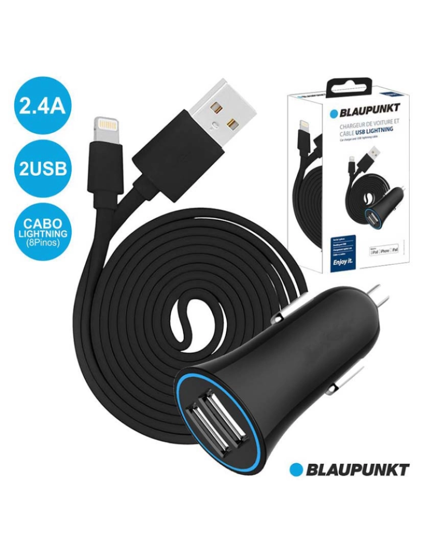 Blaupunkt - Adaptador Isqueiro 12V/24V 2USB 2.4a E Cabo Lightning       