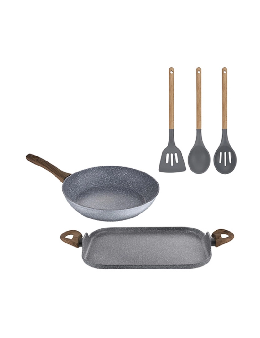 San Ignacio - Conjunto de frigideira de alumínio forjado de 26 cm e 35,5x28,3 cm com espeto para grelha e conjunto de 3 utensílios de cozinha San Ignacio