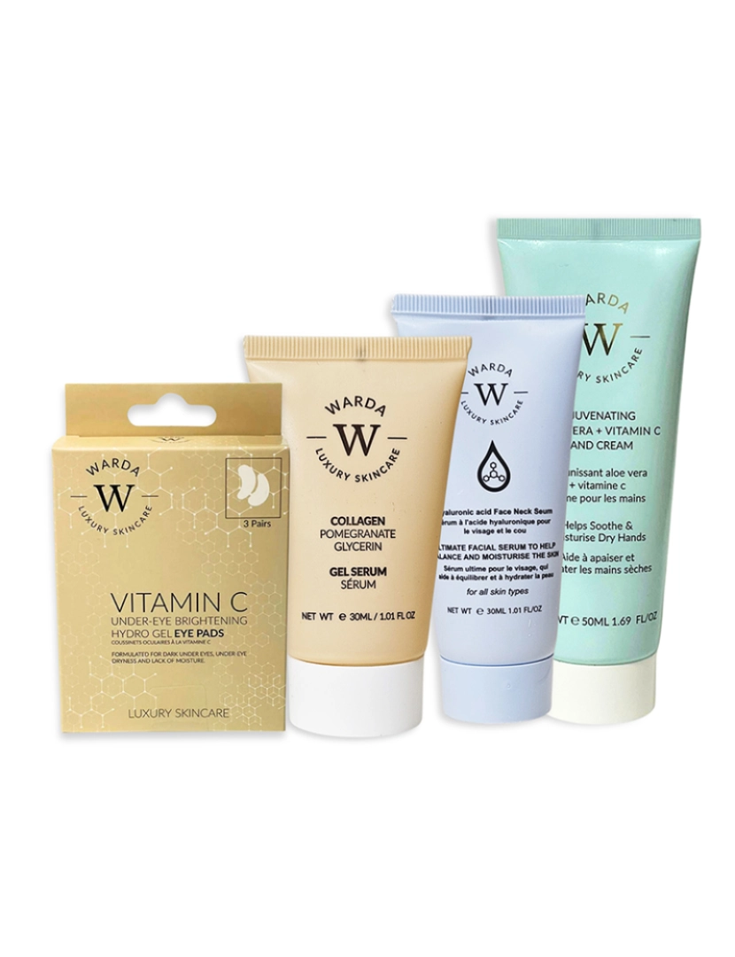 Warda Skincare - VITAMIN C UNDER-EYE BRIGHTENING HYDRO GEL+ Hyaluronic acid Face Neck Serum 30ml+ Rejuvenating Aloe Vera+ Vitamin C Hand Cream 50ml