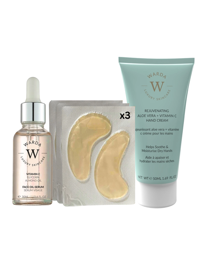 Warda Skincare - SÉRUM VITAMINA C GLOW BOOST 30ml +VITAMINA C HYDRO GEL ILUMINADOR SOB OLHOS x 3 + Aloe Vera Rejuvenescedor + Creme para as Mãos Vitamina C 50ml